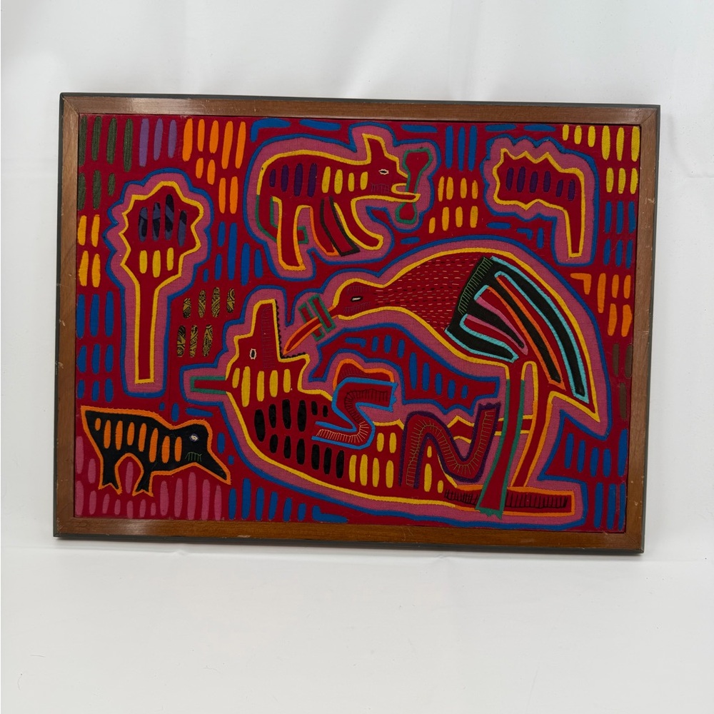 Mola Textile Birds Animals Kuna Tribe Panama Folk Art Applique Handmade Framed